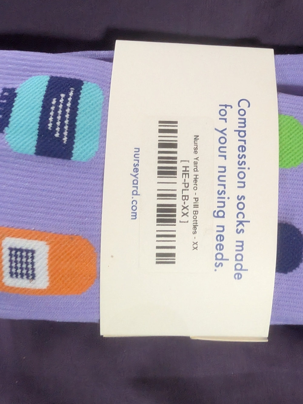 Nurse Yard Compression Socks - Lavender with Multicolor Pill Bottle Pattern